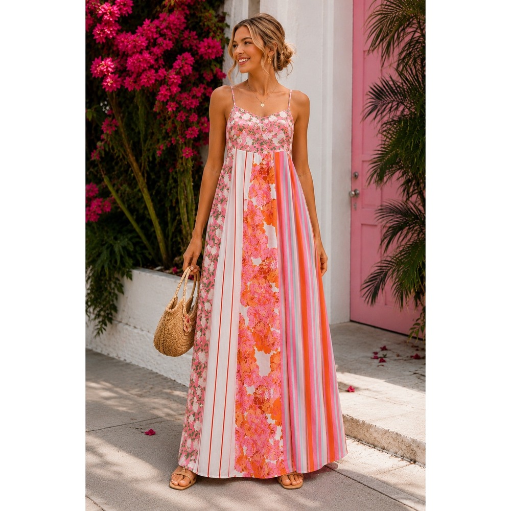 NWT Patchwork Floral Stripe Sundress Pink Party Dress Boho Vacation Summer Sz S